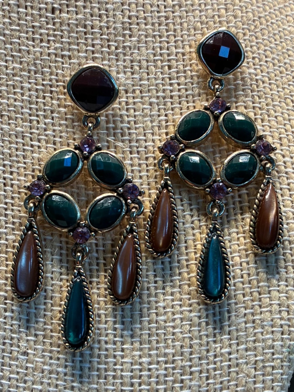 Vintage-style gold tone green, pink and brown chandelier dangle earrings